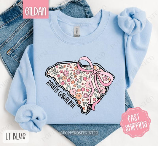 South Carolina Floral Bow Gildan Sweatshirt, Cute Trendy State Coquette Pullover