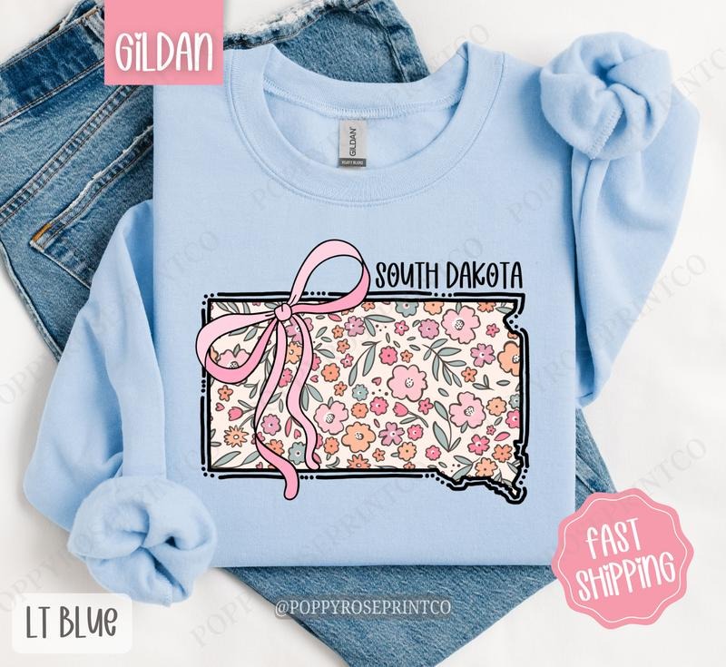 South Dakota Floral Bow Gildan Sweatshirt, Cute Trendy State Coquette Pullover