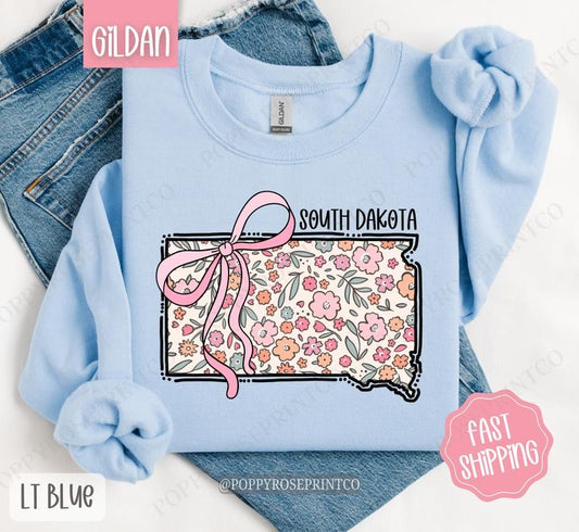 South Dakota Floral Bow Gildan Sweatshirt, Cute Trendy State Coquette Pullover