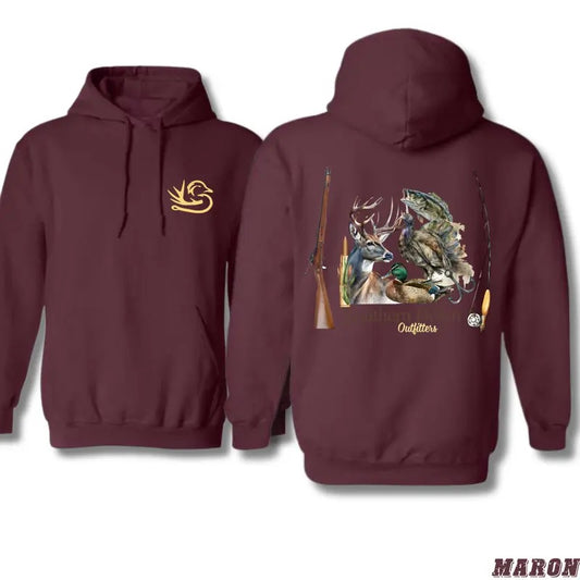 Southern Down Outfitters Hoodie - Outdoor Enthusiast Design with Deer, Duck, Bass, Rifle, and Fishing Rod, Ideal for Hunting and Fishing Fans, Unisex Hoodie for Comfortable Everyday Wear, Showcasing Southern Outdoor Adventure and Sporting Traditions Tops