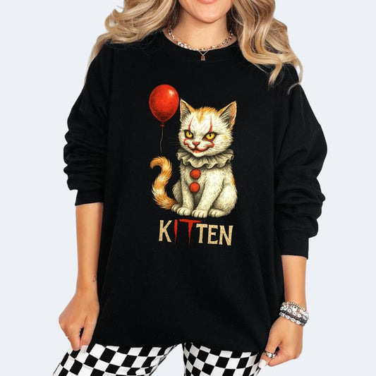 Spooky Kitten with Red Balloon Long Sleeve Crewneck Sweatshirt T Shirt or Hoodie Casual Poly Cotton Blend Graphic Design Unisex Fit Pullover Top Gothic Womenswear Comfy Statement