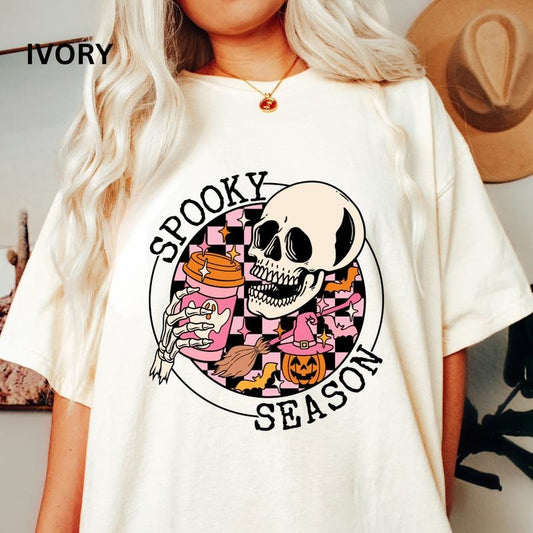 Spooky Season Skeleton Coffee Shirt, Fall Oversized Womens Halloween shirt, Comfort Colors brand, trendy, cute style, retro design tee
