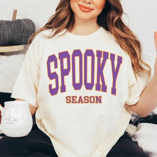 Spooky Season Varsity Shirt, Retro  Halloween Tee, Halloween Graphic shirt, Comfort Colors Shirt, Ghost Halloween Shirt, Casual Shirt Unisex, Halloween Clothing, Graphic Halloween Apparel, Casual Cotton T-shirt, Unisex Halloween