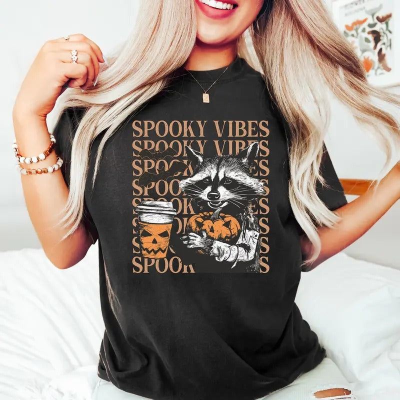 Spooky Vibes Shirt, Funny Halloween Shirt, Raccoon Halloween Shirt, Funny Raccoon Shirt , Cute Raccoon Shirt, Halloween Gift, Halloween Tee Cotton Top