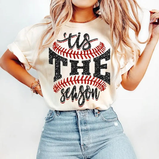 Sports Game Day Tshirt - Faux Glitter Tis The Season Baseball Shirt - Sports Team Mom Family Tee & Sweatshirt Shortsleeve Top, Casual Outfits Women