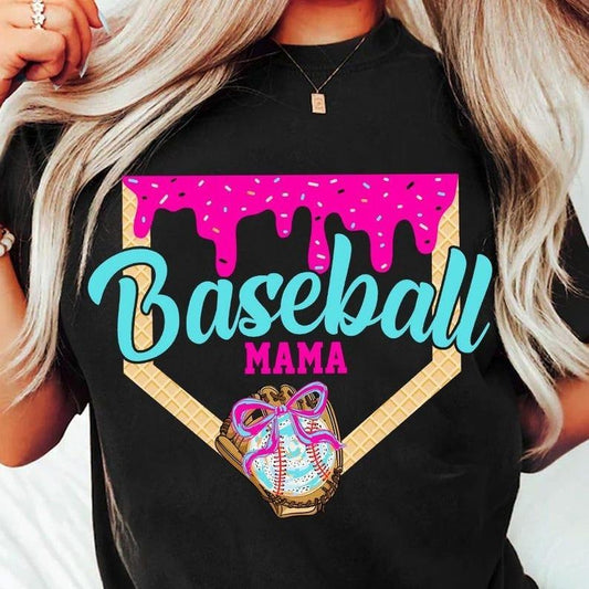 Sporty Baseball Drip Tee tshirt, Preppy Ice Cream Print tshirt, Retro Mom Look tshirt, women tops, shirt for women