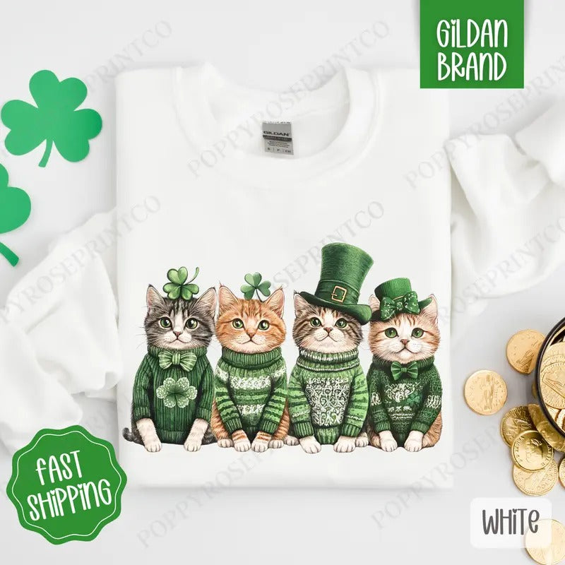 St Patrick Cats Sweatshirt, St Patrick's Day Crewneck, Cute Women's Sweater