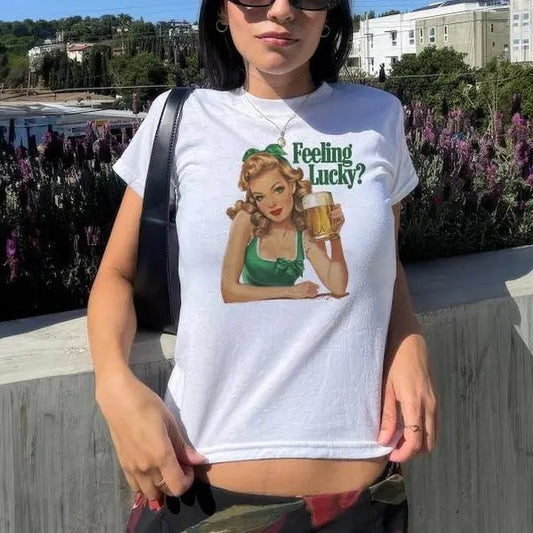 St Patty's Day Baby Tee Feeling Lucky Trendy Retro Baby Tee St Paddys Day y2k Baby Tee St. Patrick's Day Baby Tee Luck of the Irish