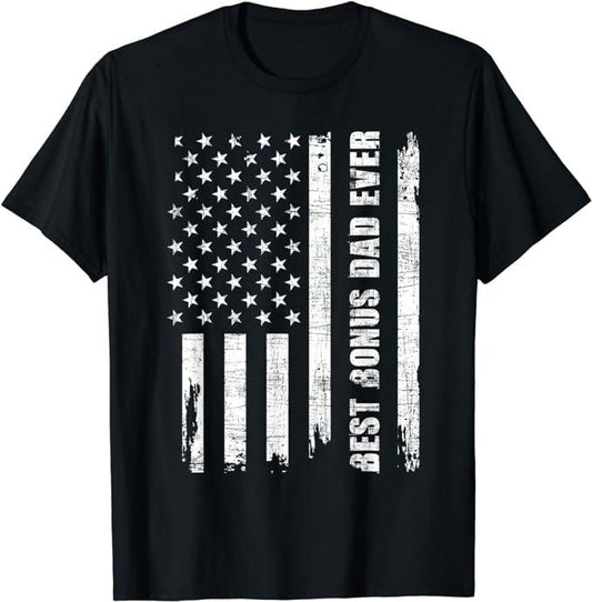 Stepdad T Shirt, Gifts For Stepdad, Best Bonus Dad Ever USA Flag Adoptive Father Stepdad Daddy T-Shirt Menswear, Father's Day Shirt Casual Cotton Top Basic