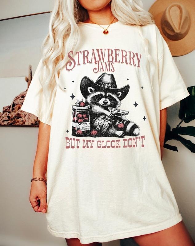 Strawberry Jams But My Glock Don't Funny Raccoon Shirt, Raccoon Meme Tee, Trendy Best Seller Gift for Women, Sarcastic Shirt for Girls