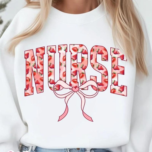 Strawberry Nurse Shirt, Nurse Trendy, Varsity Preppy Nurse Shirt, Nurse Strawberry Pattern Coquette Bow, Nursing Shirts, Nurse Tee Top Casual