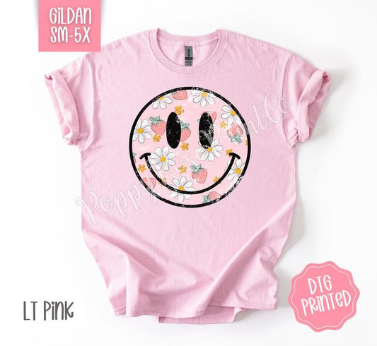 Strawberry Smiley Gildan Shirt, Cute Floral Happy Face Tshirt, Trendy Summer Tee, Gift for Her
