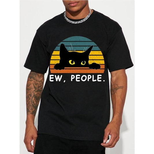 Stylish Black Cat Graphic Tee - Men's Casual Short Sleeve Crew Neck T-Shirts for Summer Holiday Gift - Hip Hop Fashion, Comfortable, Breathable, Relaxed Fit Made in USA