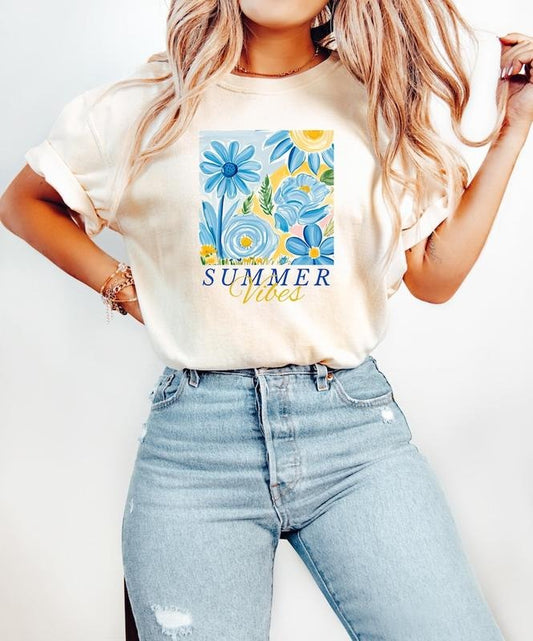 Summer Vibes Floral Watercolor Trendy Beach Fun Summer Vacation Retro T-Shirt