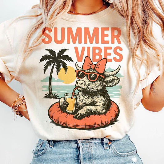Summer Vibes Highland Cow #2 Shirt ~ Unisex Apparel Relaxed Fit Printed In The USA Clothing Womenswear Casual Comfort Cotton Top Athletic Boho Chic