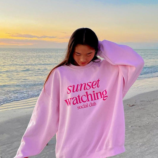 Sunset Watching Social Club Sweatshirt, Cotton Casual Oversized Hoodie, Sunset Hoodie, Beach Hoodie, Womens Sweatshirt Womenswear Polyesterstyle{n002}2