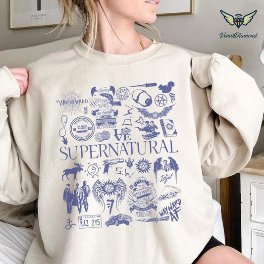 Supernatural Movie Vintage Doodle Art Blue Shirt | Supernatural Vintage Shirt | Dean Winchester Shirt | Winchester Brothers |Dean Winchester