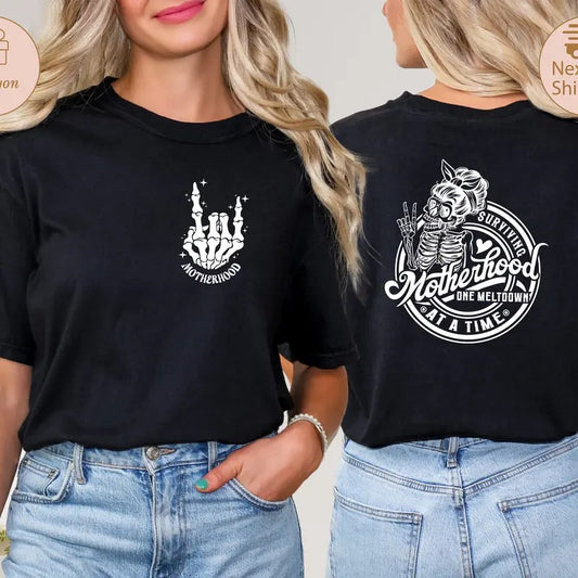Surviving Motherhood One Meltdown At A Time Shirt Trendy Back And Front Shirt Gift For Mom Skeleton Hand Shirt Funny Mama Shirt