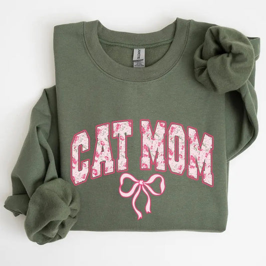 Cat Mom Pink Bows Trend Girly Girl Crewneck Sweatshirt/T-Shirt, For Her, Unisex Style, 100% Cotton, Pullover Crewneck Sweatshirt