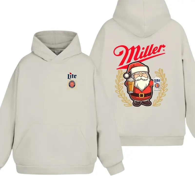 Christmas Santa Claus Miller Lite Beer Lover Hoodie/Sweatshirt/T-Shirt, For Men and Women - Unisex Style, 100% Cotton, Pullover