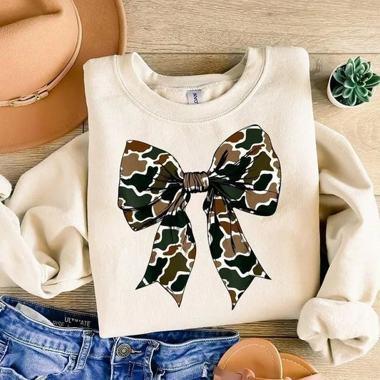 Cute Camo Hunting Coquette Bow Hoodie/Sweatshirt/T-Shirt, For Men, For Women - Unisex Style, 100% Cotton, Pullover unisex hoodie