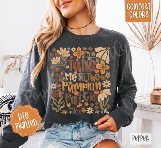 Take Me To The Pumpkin Patch Comfort Colors Long Sleeve T-Shirt, Cute Women's Fall Tee
