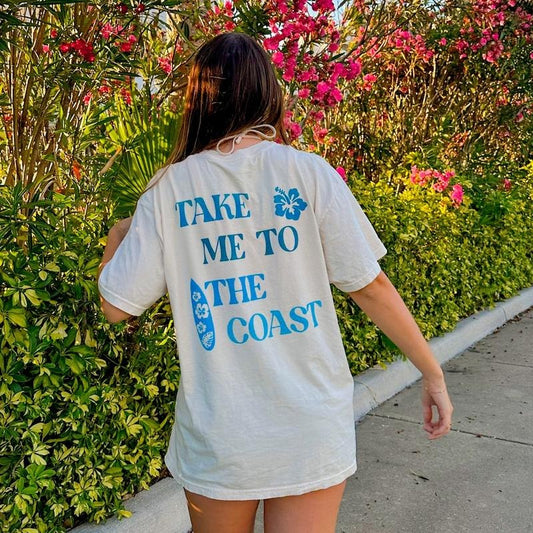 Take me to the Coast Shirt, Summer Vacation Shirt, Beachy Tshirt, Trendy Shirt, Preppy Clothes, Oversized Tee, Indie Retro, Beach Aesthetic Shirt Casual Oversized Cotton Shirt for the Beach Comfort Fabric