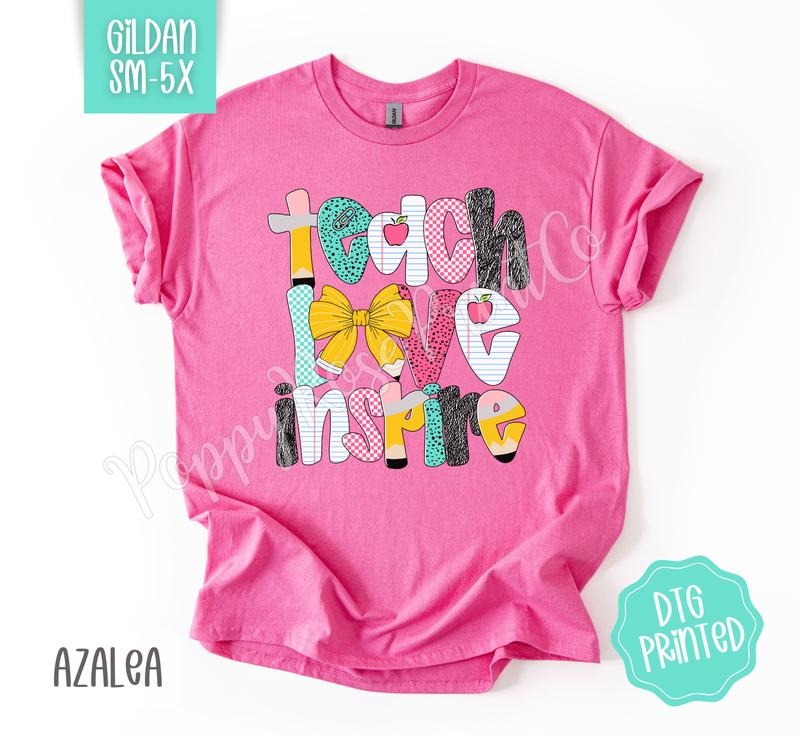 Teach Love Inspire Gildan Shirt, Cute Teacher Tshirt, Trendy Bow Tee, Gift for Her