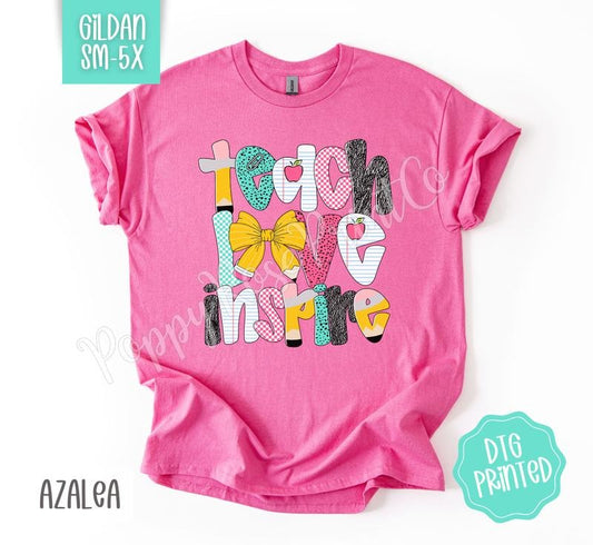 Teach Love Inspire Gildan Shirt, Cute Teacher Tshirt, Trendy Bow Tee, Gift for Her