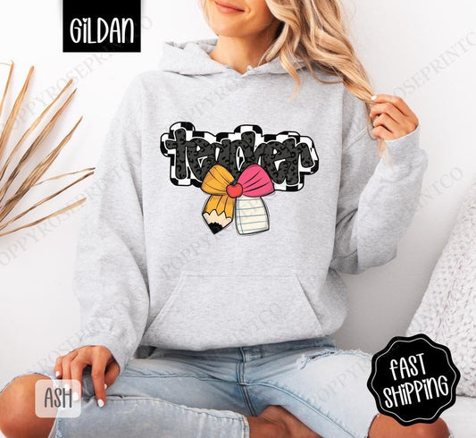 Teacher School Bow Hoodie, Cute Teacher Apparel, School Gift, Teacher Appreciation, Back to School Hoodie, Teacher Hoodie