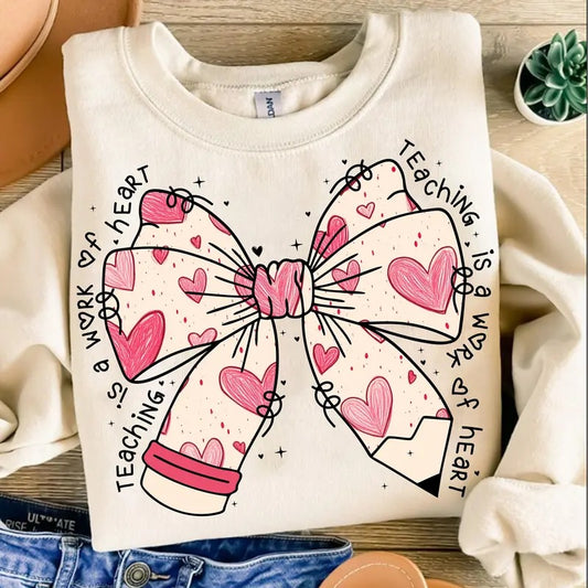 Teacher Valentine Coquette Bow Pencil Sweatshirt, Glitter Heart Teacher Valentine's Day T-Shirt, Retro Teacher Crewneck, Valentine's Gift Clothing