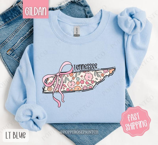 Tennessee Floral Bow Gildan Sweatshirt, Cute Trendy State Coquette Pullover