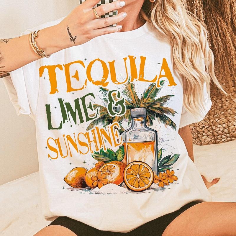 Tequila Lime and Sunshine Shirt, Funny Summer Graphic Tee, Drinking Vacation T-Shirt for Women, Beach Party Shirt Fabric