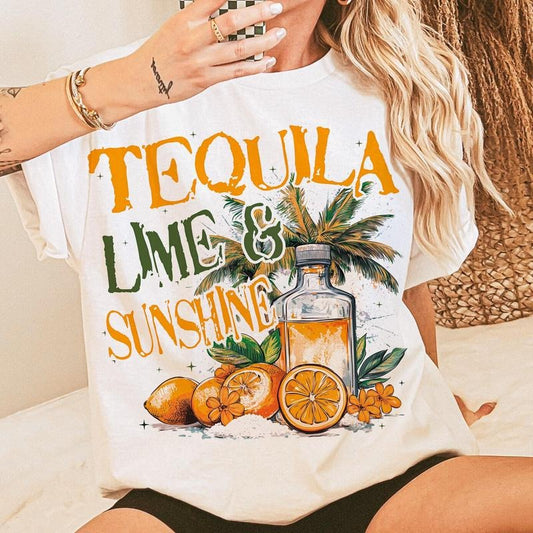 Tequila Lime and Sunshine Shirt, Funny Summer Graphic Tee, Drinking Vacation T-Shirt for Women, Beach Party Shirt Fabric