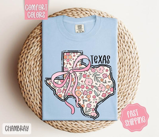 Texas Floral Bow Comfort Colors T-shirt, Cute Trendy Tee, State Coquette Oversized Top