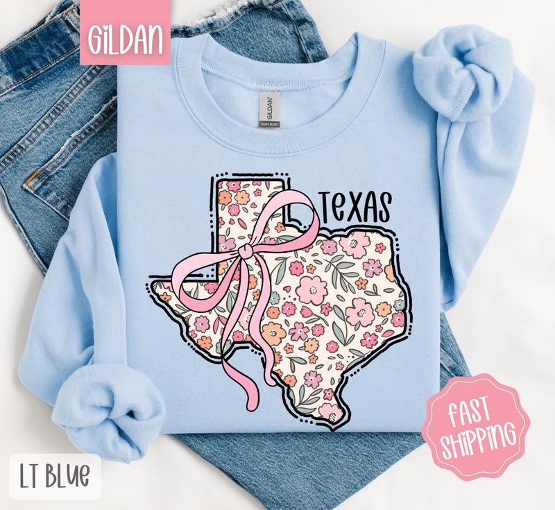 Texas Floral Bow Gildan Sweatshirt, Cute Trendy State Coquette Pullover
