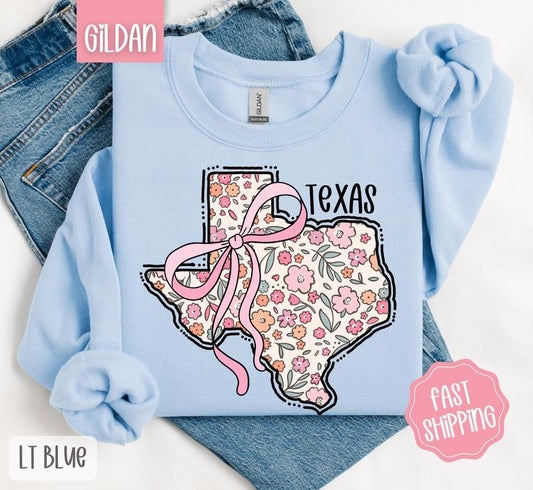 Texas Floral Bow Gildan Sweatshirt, Cute Trendy State Coquette Pullover