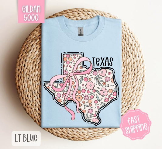 Texas Floral Bow Gildan T-shirt, Cute Trendy Tee, State Coquette Oversized Top