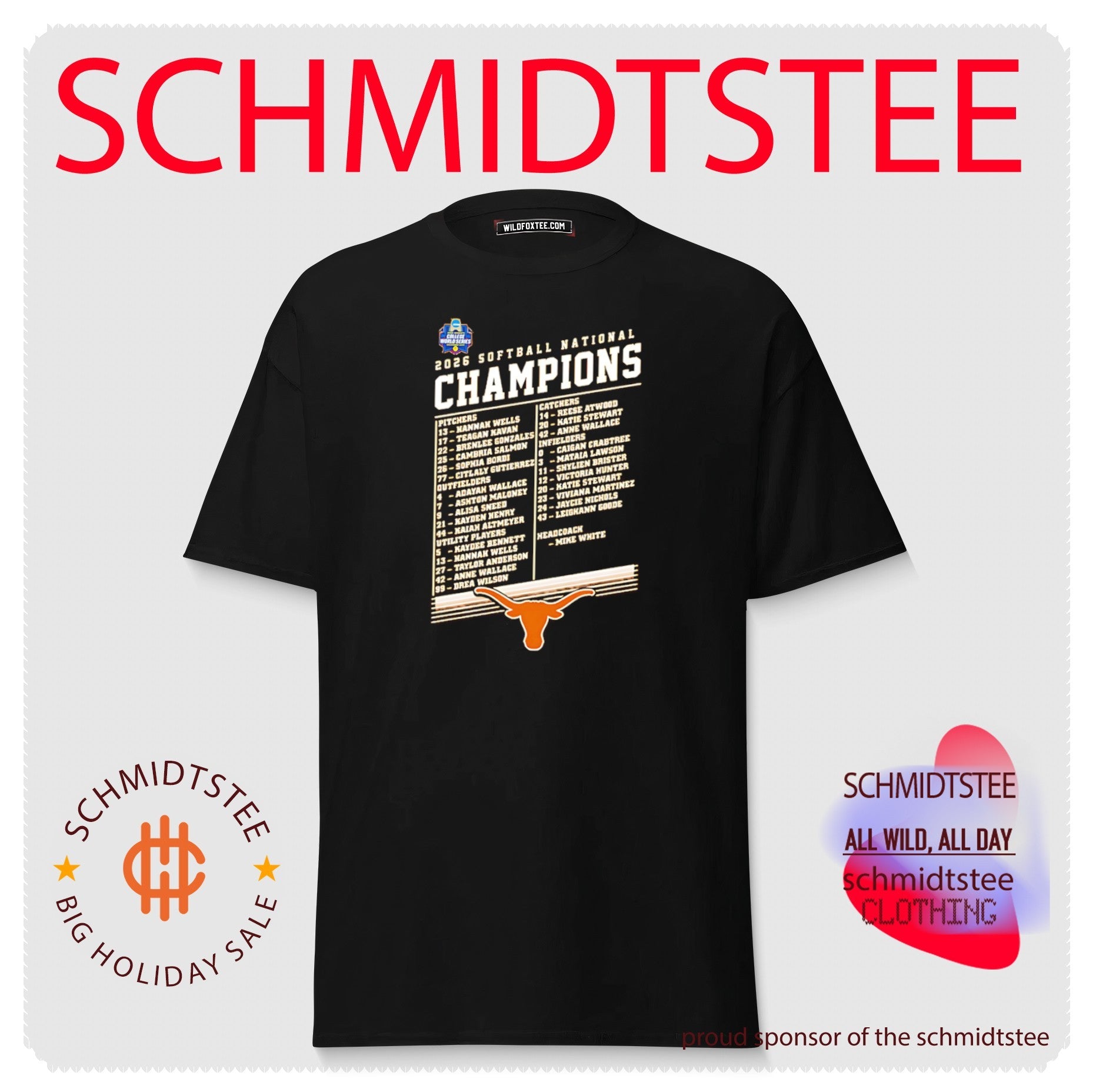 Texas Longhorns 2026 NCAA Women’s Softball National Champions back to back player name shirt