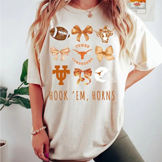 Texas Longhorns Bows Hook 'Em Shirt, Short Sleeve, Cotton, Trend 2025 for Women's Wear, Womenswear Top