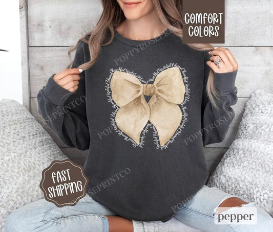 Thankful Bow Sweatshirt Comfort Colors,  Thanksgiving Sweater Womenswear,  Holiday Crewneck