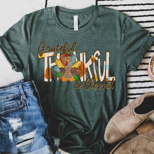Thankful Grateful Blessed with Turkey Shirt, Thanksgiving T-Shirt, Fall Vibes Shirt, Fall Turkey Shirt, Thanksgiving Family Shirts