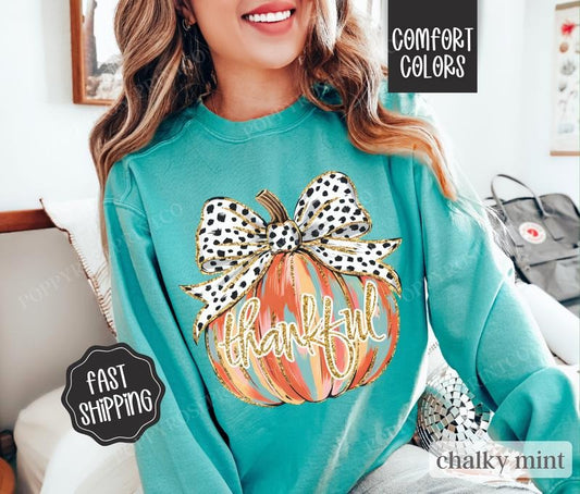 Thankful Pumpkin Sweatshirt Comfort Colors,  Thanksgiving Sweater Womenswear,  Holiday Crewneck