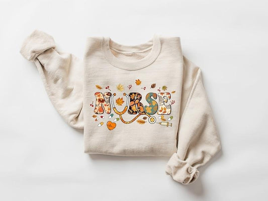 Thanksgiving Nurse Sweatshirt, Thankful Nurse Shirt, Fall Nurse Sweatshirt, Fall Season Nurse T-shirt, Gift for Nurse, Nurse Crewneck, Hoodie and Sweater; T-shirt Cotton Menswear