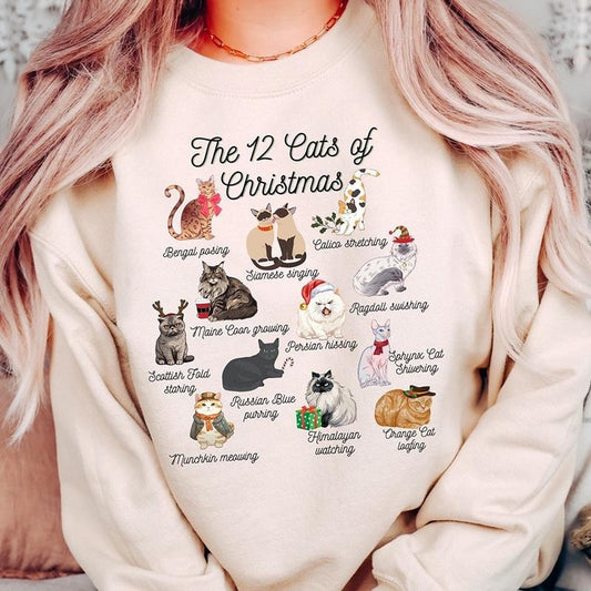 The 12 Cats of Christmas Crewneck Sweatshirt, Hoodie, T-shirt, Cute Christmas Gifts