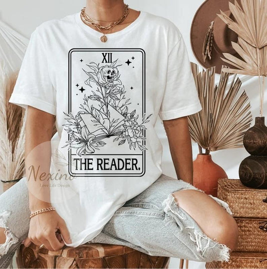The Reader Tarot Card  T-Shirt, Book Tarot Card Shirt, Bookish Shirt, Tarot Skull Gift, Writer Tee, Trendy Shirt