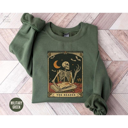 The Reader Tarot Card Shirt, Skeleton Reading Sweatshirt, Unisex Tarot Card Shirt, Book Lover Gift, Bookish Sweater, Bookworm Crewneck