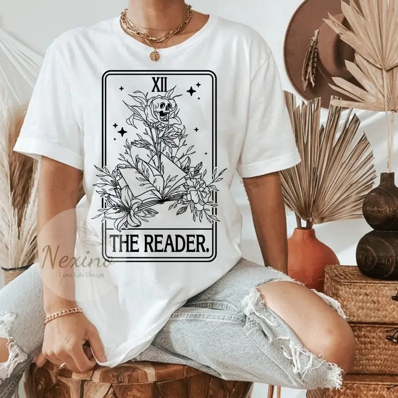 The Reader Tarot Card T-Shirt, Book Tarot Card Shirt, Bookish Shirt, Tarot Skull Gift, Writer Tee, Trendy Shirt Cotton Crewneck Unisex