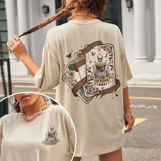The Reader Tarot Card T-Shirt, Skeleton Reading Shirt Sweatshirt, Tarot Card Womenswear Tee, Book Lover Gift For Women, Book Lover Sweater