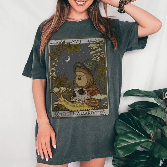 The Wizard Tarot Tshirt, Witchy Frog Oracle Card Shirt, Trendy Goblincore Clothing, Mushroom Cottagecore Tarot Lover Gift Womenswear Tops